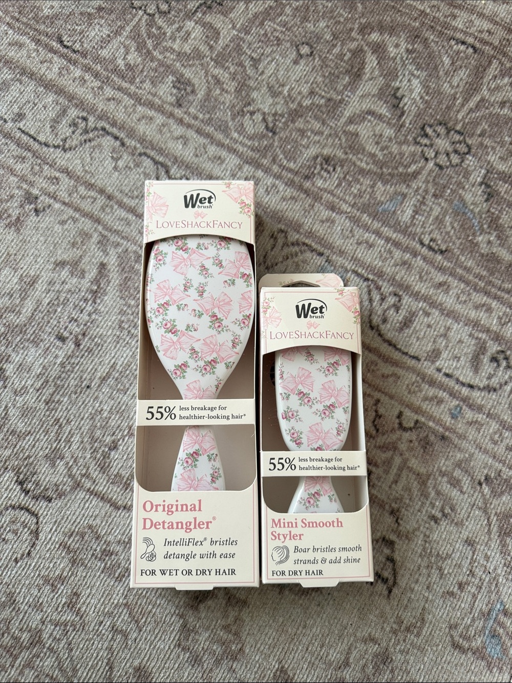 LoveShackFancy Pink Floral Wet Brush Detangler & Mini Styler Set